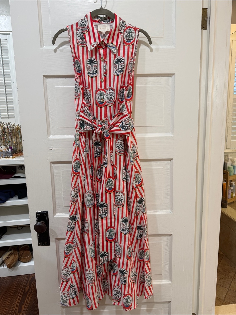 entro Red & White Striped Midi Dress with Tropical Motif